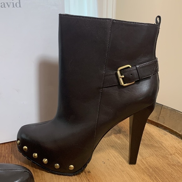 Charles David NIB Biff Brown Leather High Heel Stud Buckle Platform Boots 6.5 B - Picture 7 of 17